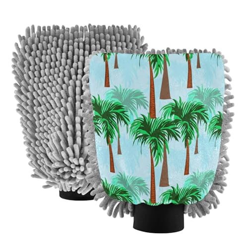 Kigai Tropical Coconut Tree Car Wash Mitt Microfiber, 2Pcs Scratch Free Lint-Free, Premium Chenille Microfiber Mitt Car Wash Brush-L