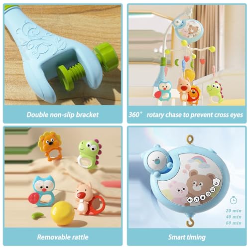 Azulmart Baby Crib Mobile with Funny Rotation Musical Hanging Rattle & Remote Control, Spin Motor Projection Night Light Relaxing Music Portable Animal Nursery Sensory Crib Toy for Infant Newborn Gift