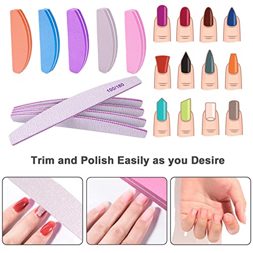 Nail File And Buffer (10 Pcs), Buffer Block Nail Files Double Sided 100/180 Grit For Acrylic And Natural Nails, Fingernail Emery Board Buffing Blocks Manicure Set Nail Care Kit Tool Halfmoon Arc #TOP4