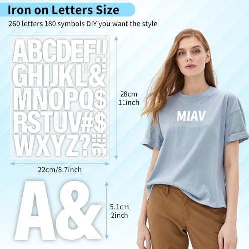 Image of 10 Sheets 440 Pieces Iron on Letters for Clothing, 2 Inch Heat Transfer Letters, White Iron on Vinyl Letters with A-Z PU Alphabets Sticker for Fabric, Jersey T-Shirt Printing DIY Craft