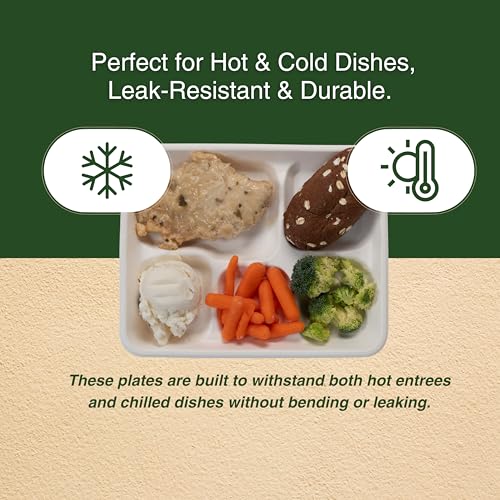 Image of FSE 100% Compostable Paper Plates with 5 Compartments, 8x10 Inch, School Lunch Trays, Heavy Duty Disposable Plates, Eco-Friendly Unbleached Bagasse, Microwave Safe, (Case of 500)