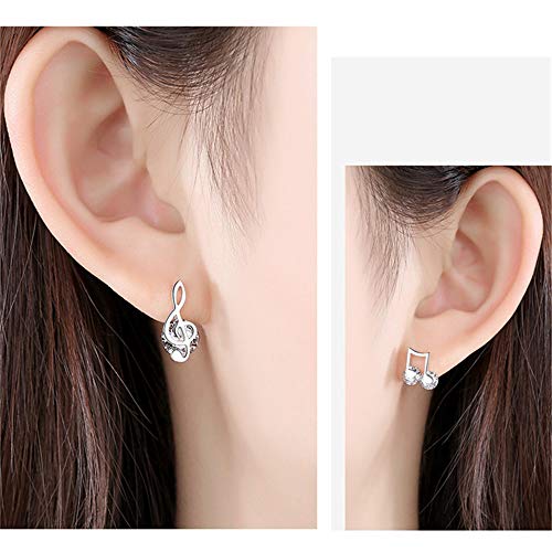 Crystal Music Note Small Sterling Silver Stud Earrings for Women Girls CZ Tiny Cute Asymmetrical Treble Clef Studs Cartilage Dainty Jewelry Birthday Christmas Valentine Gifts3