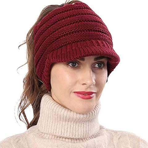 PGTEN Women Knit Messy Bun Ponytail Visor Beanie Hat – Fleece Linning (Red) Cover
