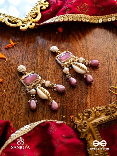 Image of SANJOYA by EVERSTYLISH Kundan Earrings for Women | Pearl, Shell & Pink Gem Dangler Earrings | Ethnic Jewelry for Weddings, Festivals & Special Occasions