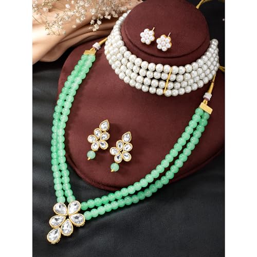 Image of Peora Crystal Faux Pearl Kundan Necklace & Jewellery Set Gift for Women