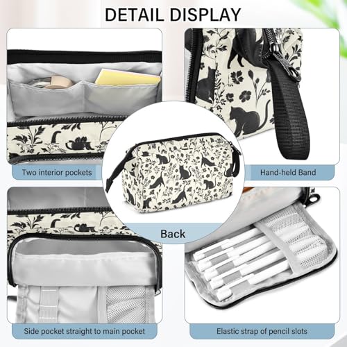Image of Flowers Cats Big Capacity Pencil Pen Case Large Pencil Pouch | Portable Multi Compartment Zipper Pencil Bags Stationery Storage for Men Women College Office
