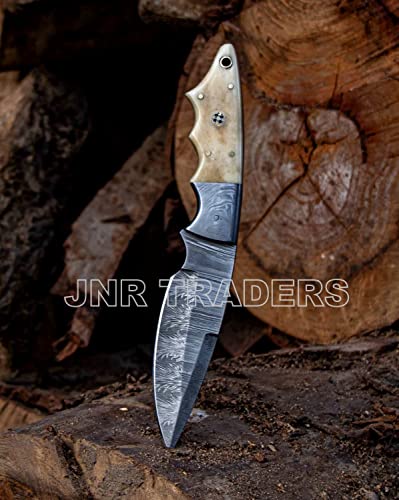 Jnr Traders Custom Handmade Damascus Skinner Knife With Horizontal Carry Leather Sheath Bushcraft Hunting Camping Edc Fixed Blade Knife Full Tang Camel Bone Handle Vk3578 #TOP1