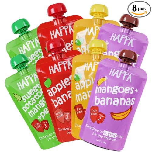 Happa Organic Food for Little one, Fruit Puree (Apple+Mango, Mango+Banana, Apple+Banana, Sweet Potato+Mango+Pear) 8 Pouches, 100 Gram Each