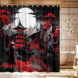 GOAOK Japanischer Anime-Duschvorhang, kühles Rot & Schwarz, mittelalterlicher Fantasy-Drache, Badevorhang, Bergwald, Natur, Sonnenuntergang, dunkles Asien, Japan, ästhetisches Badezimmer-Zubehör