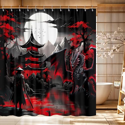 GOAOK Japanischer Anime-Duschvorhang, kühles Rot & Schwarz, mittelalterlicher Fantasy-Drache, Badevorhang, Bergwald, Natur, Sonnenuntergang, dunkles Asien, Japan, ästhetisches Badezimmer-Zubehör
