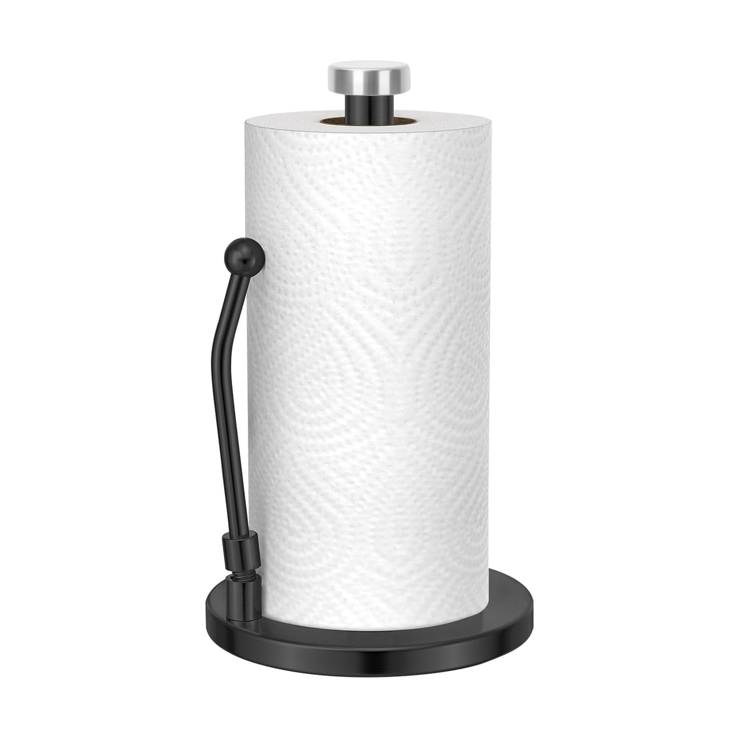 Porta asciugamani di carta nera con braccio a molla, in acciaio al carbonio, base grande diametro 17 cm, con fondo antiscivolo, supporto per dispenser di asciugamani di carta per piano di