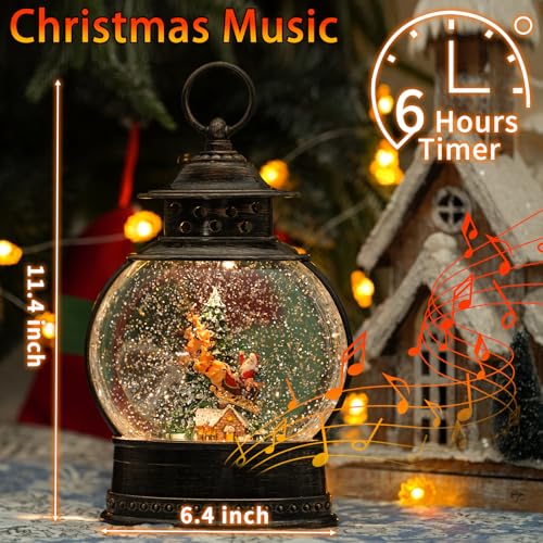Christmas Snow Globes Christmas Decorations, 12\" Lighted Musical Snow Globe Lantern, Santa in Sleigh with Deer Christmas Decoration Indoor & Gifts, 6H Timer, USB/Battery Operated