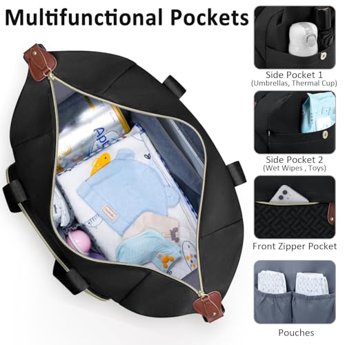Tenot Diaper Bag Tote with Pacifier Case, Large Tote Diaper Bag for Women with Shoulder Straps, Cute Hospital Baby Diaper Tote Bag for Mom, Newborn Baby Diaper Maternity Bag Black - Thumbnail 3