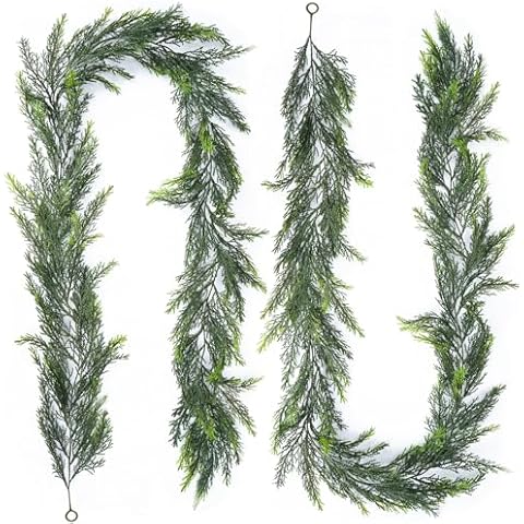 MHMJON 2 Pack Artificial Christmas Garland Decoration 5.9 Ft Norfolk Pine Garland Winter Garland for Fireplace Stairs Cabinet Home Table Outdoor Decor Cover