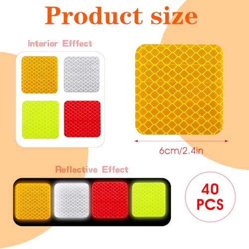 Image of Ymapinc 40PCS Square Reflective Warning Stickers - Fluorescent Yellow-Green, Yellow, Red, White, Waterproof PVC Safety Decals for Bike, Helmet and Vehicles