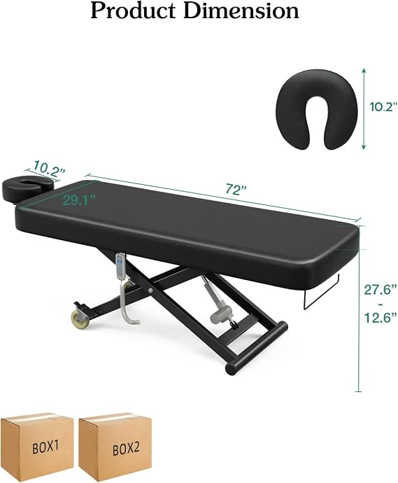 Paddie Flat Electric Lift Massage Table, Professional Spa Bed 6.7 Memory Foam with Adjustable Face Cradle and Rolling Wheels, Black