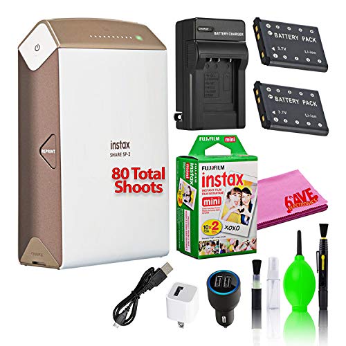 Fujifilm Instax Share SP-2 Portable Smartphone Printer (Gold) Creative Photo Printer Kit Best Value Classroom Bundle with (80) Instax Mini Films + Spare Battery and Charger + More