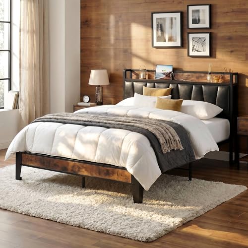 LIKIMIO Queen Bed Frame Storage Headboard with Charging Station Solid and Stable Noise Free No Box Spring Needed Easy Assembly (Vintage and Black)