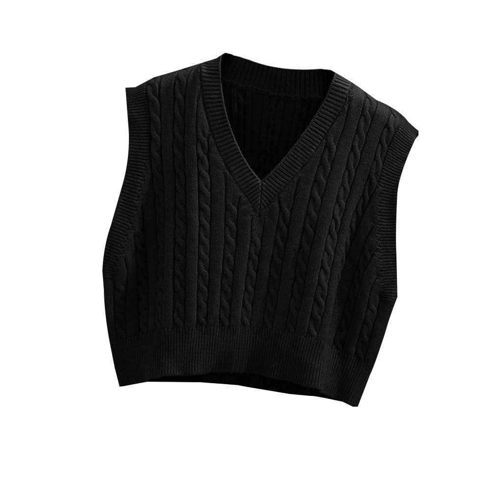 Lailezou Womens V-Neck Knit Sweater Vest Solid Color Argyle Plaid Preppy Style Sleeveless Crop Knit Vest