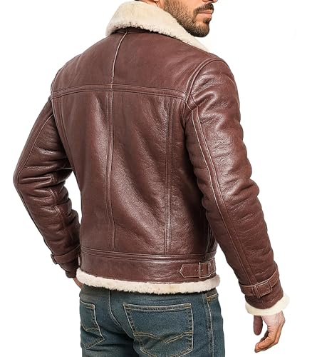 B3 RAF Aviator Pilot Flying Fur Shearling Bomber Sheepskin Leather Jacket Black/Brown2