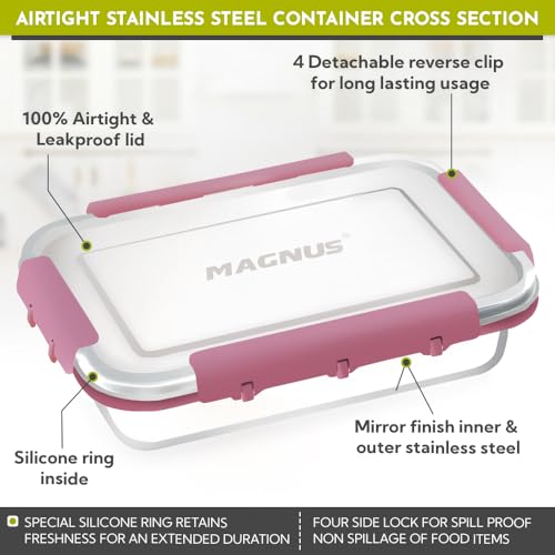 Image of Magnus Dixie Stainless Steel Lunch Box - Airtight & Leak Proof Tiffin, 2 Containers (800ml & 200ml), Ideal Lunch Box for Kids, Lunch Boxes for Office Men, Women & Picnic, Pink