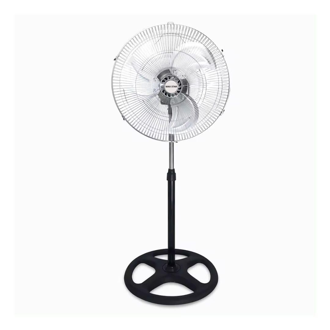 Max Star Ventilador de Pie 18" Potente 70 W Oscilante 3 Velocidades Altura Ajustable 110-130 cm Alta Velocidad Rejilla de Metal Motor Silencio Facil Limpieza