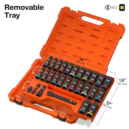 Image of Klein Tools 65123HD KNECT Deep-Well Impact Socket Set, 1 /2-Inch Drive, SAE and Metric, 28-Piece Tool Set, 1 /4-Inch Impact Driver, Wrench Extensions, Color-Coded, Removable Socket Organizer