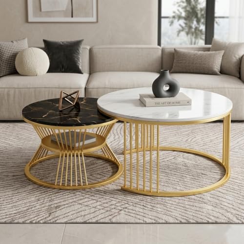 Image of Coffee Table, 20 inch Round Coffee Table Set of 2, Wooden Nesting Table with Metal Frame, Center Tables for Living Room Bedroom Balcony Bedside Table White
