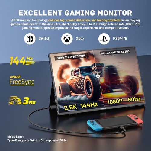 Image of Kinhank 2.5K 144Hz Portable Monitor 16'', Android TV 12.0 OS,2560 * 1600P QHD IPS Portable Gaming Display,FreeSync,500Nits Screen USB-C HDMI Travel Monitor for Laptop PC MAC Phone PS5 Xbox Switch