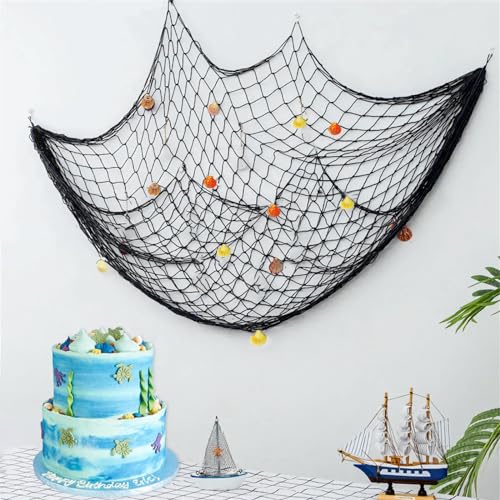 DJFOG Rete Decorativa Mediterranea 1.5x2 Metri con Conchiglie Colorate, Atmosfera Marina per Soggiorno, Sala Feste, Scena e Fotografia (Nero)