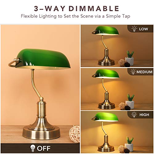 Green Glass Banker’s Lamp with 2 Fast USB Charging Ports, 3 Way Dimmable Desk Lamp, Touch Control Vintage Table Lamp for Workplaces, Library, Bedroom, Piano Style Lamp