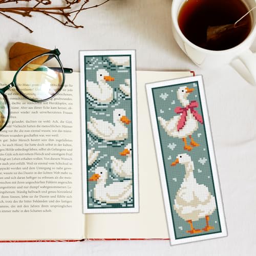 Image of INFUNLY 6PCS Duck Cross Stitch Bookmark Kit for Beginners 2.99''x8.54'' Duckling Stamped Embroidery Bookmark Kits with Words Animals Needlepoint Bookmark Kit with Instruction for Book Lovers Readers