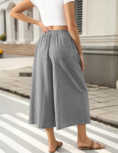 Image of TARSE Women Wide Leg Capri Pants Loose Gingham Plaid Culottes Summer Elastic Waist Palazzo Trousers Bottoms with Pockets