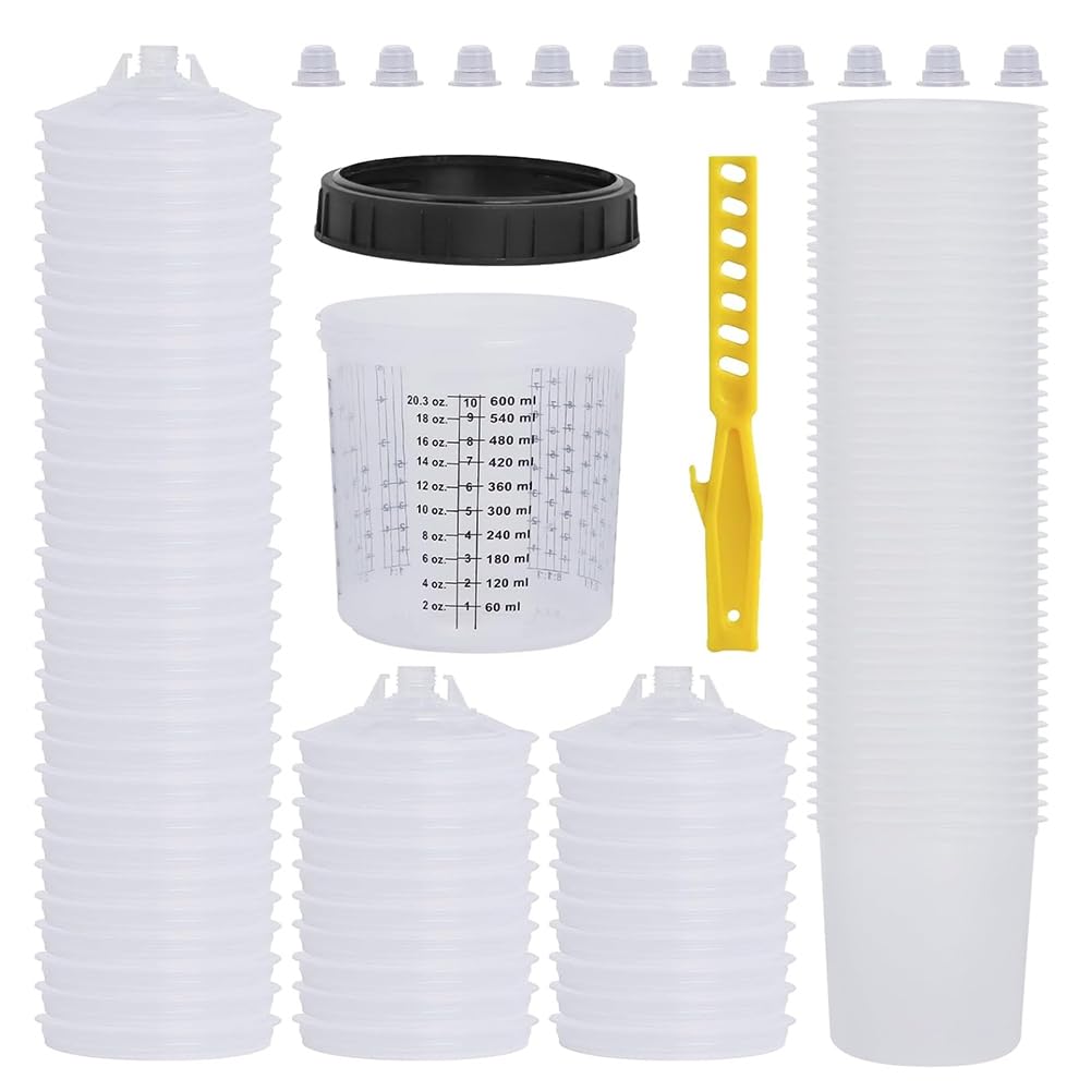Littimoon Paint Cup, 50 Cup Liners (20 Oz), 50 Lids with Filters, 10 Plugs, 1 Hard Cup, 1 Retaining Ring, 1 Stirring Stick