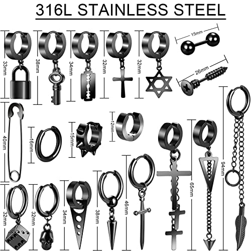 Black Cross Earrings For Men, 28 Pieces Stainless Steel Long Chain Dangle Piercing Hoop Earrings Set For Gifts (Black) #TOP1