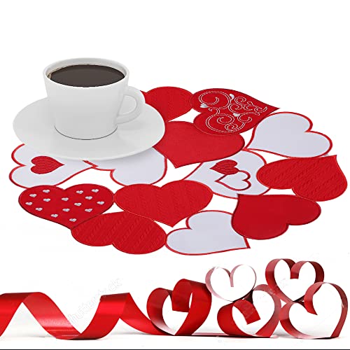 Simplebrand Valentines Day Placemats Set Of 4, 15 Inches Round Red Placemats For Wedding Anniversary, Embroidered Heart Table Placemats Indoor Outdoor Love For Dining Party Decor #TOP4