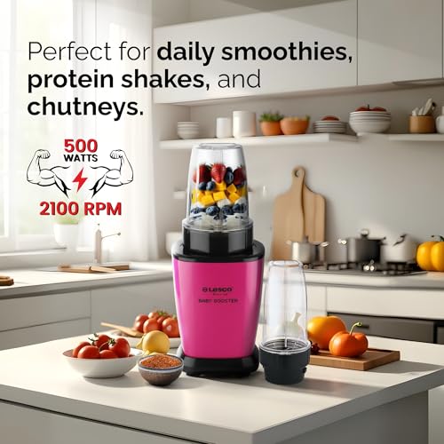 Image of Lesco 500W Mixer Grinder Blender Smoothie Maker with 2 Stainless Steel Jars and Copper Motor, 2 Years Warranty 21000 RPM Fine Grind in 20 secs, Baby Booster, Pink