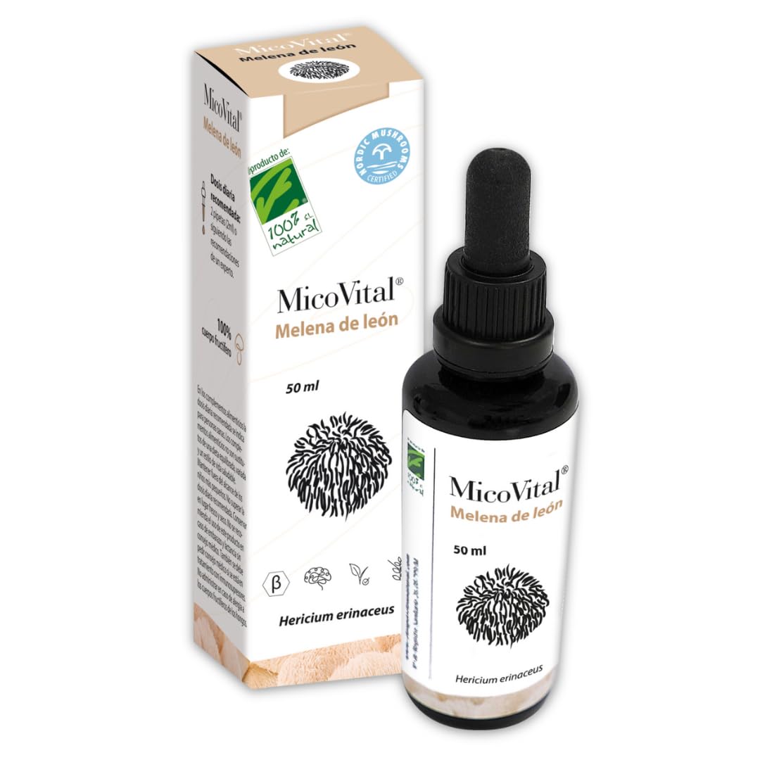 MicoVital® Melena de León en Gotas - Ecológico - Memoria y Concentración - Ayuda a Estimular el Cerebro - Nootrópico Natural - Aporta Equilibrio Mental y Emocional - Lions Mane - 50ml - 100% Natural