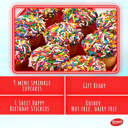 Birthday Gift Basket | Cupcakes Bakery Fresh [9 Count] | Mini Rainbow Sprinkle Cupcakes Individually Wrapped | Birthday Treats for Kids, Men, Women| Kosher, Nut Free | Stern’s Bakery