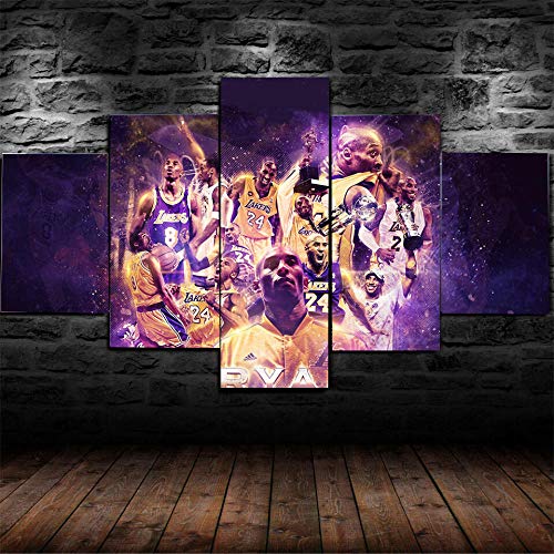 Impression sur Toile intissee 150x80cm 5 Parties XXL Tableaux Decoration Murale La star du basket-ball NBA Black Mamba Kobe Bryant Maison Salon Bureau Mordern Décor HD Affiche Mur Art Cadeau Halloween