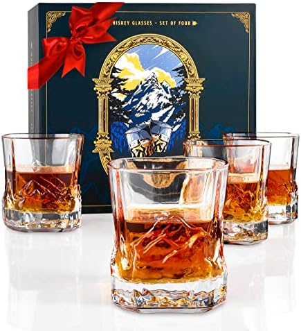 EdelweissPeak Gift-Ready Whiskey Glasses set of 4 - Bourbon Glasses Set of 4 (10 Oz) with 3D Mountain Pattern on Sides in a Gift-Ready Box - Everest Expedition Whiskey Gifts for Men Series