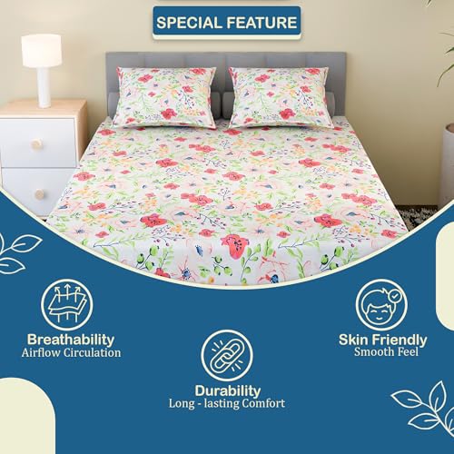 Image of Kuber Industries Cotton 200 TC Double Bedsheet With 2 Pillow Covers | Machine Washable Soft Bedsheet For Living Room, Home & Hotels | Flower Print - Pink & White