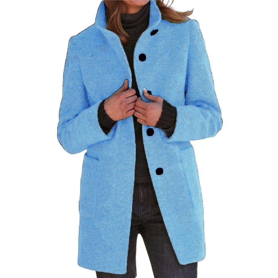 Pea Coat for Women Wool Blend Peacoat Single Breasted Trench Coat Stand Collar Thicken Blazer Jacket Winter Overcoat