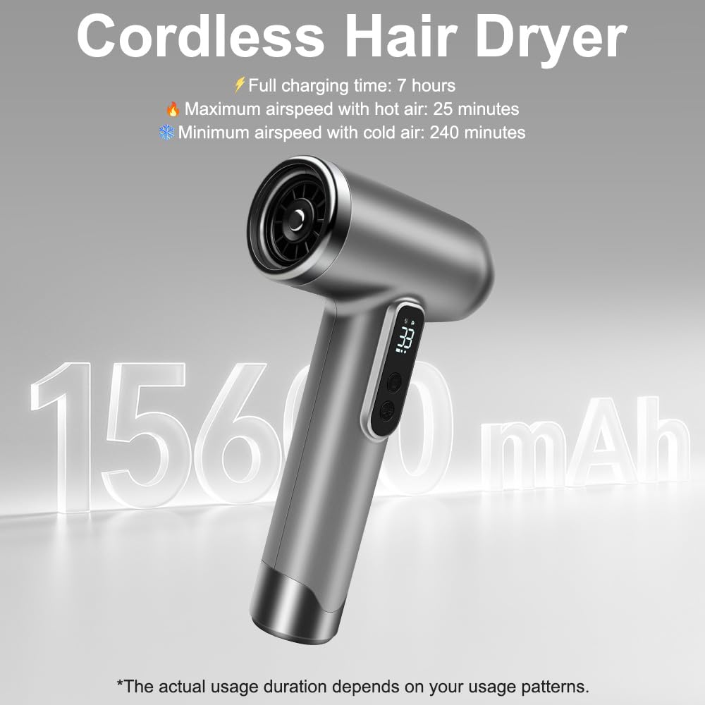 Seche Cheveux Sans Fil Rechargeable, Sèche-Cheveux Sans Fil avec 3 Températures et 3 Vitesses, Rechargeable Sèche Cheveux Sans Fil, Mini Seche Cheveux Sur Batterie pour Camping Voyage