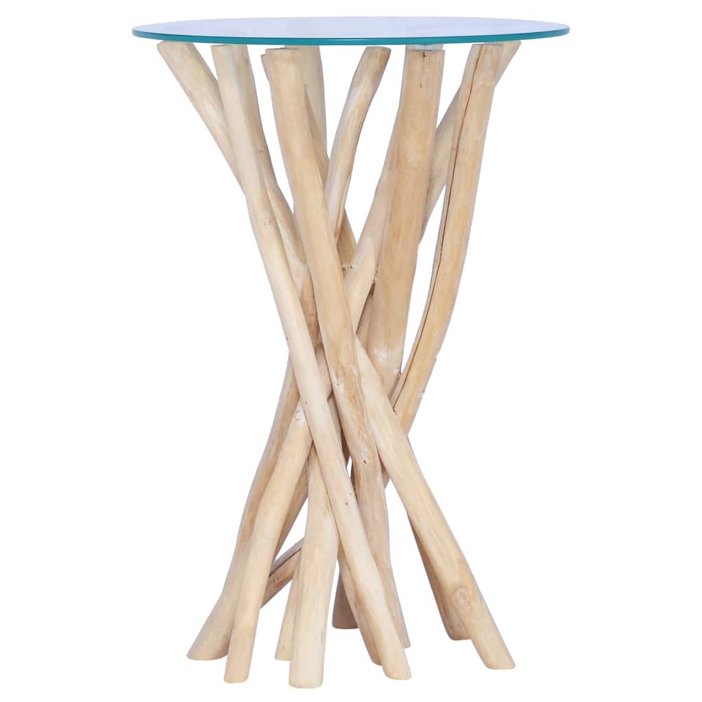 Mesa de sofá mesa de café mesa consola para salón, mesa de café con placa de cristal, 35 x 35 x 50 cm, madera maciza de teca para salón, dormitorio, estudio