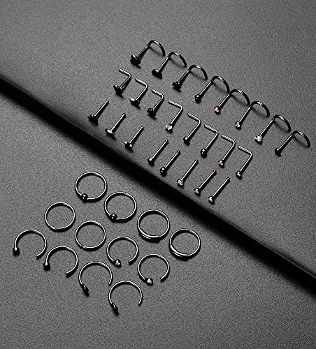 Tornito 20G 36Pcs Stainless Steel L Bone Screw Shaped Nose Ring Cz Nose Stud Retainer Labret Nose Piercing Jewelry For Women Men Black Tone #TOP4