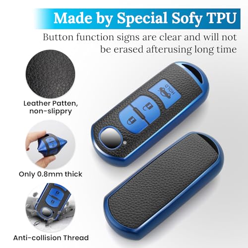 Image of for Mazda Key Fob Cover with Metal Braided Rope Keychain, Upgraded TPU Surface Grain Case for CX-3 CX-5 CX-7 CX-9 Mazda 3 6 MX-5 Miata (3 buttons) (Blue, A2)