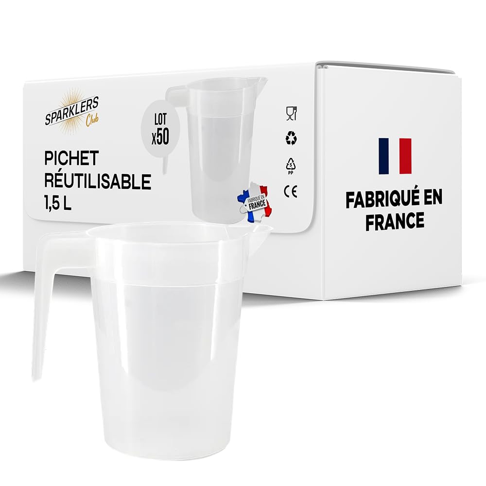 SPARKLERS CLUB Lot de 20 Pichets Réutilisables 1,5L en PP Alimentaire - Haute Résistance, Empilables, Compatibles Lave-Vaisselle (150 Lavages) - Parfait pour Événements et Collectivités