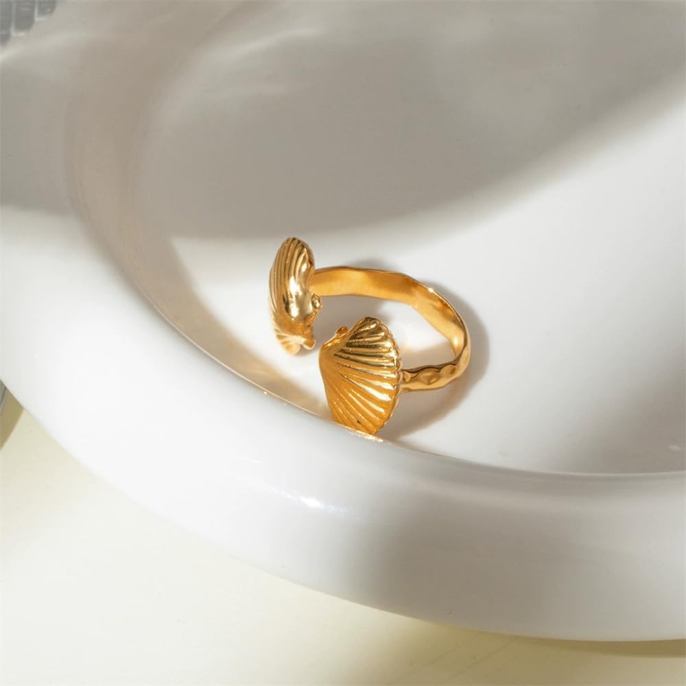 Chunky Gold-Tone Shell Statement Open Rings for Women Stainless Steel Delicate Seashell Adjustable Beach Ocean Minimalist Wrap Finger Ring Comfort Fit Boho Summer Party Outfits Fashion Jewelry Accessories - Image 4