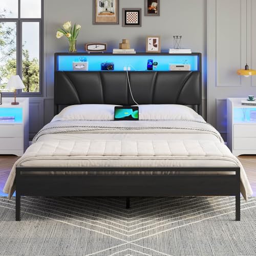 Brinlawb Cadre de Lit 140 x 190 avec Sommier en Métal, Lit 2 Personnes avec Lumières LED et Multiprise (2 Prises AC, 2 Ports USB) lit Double 140x190 cm avec...
